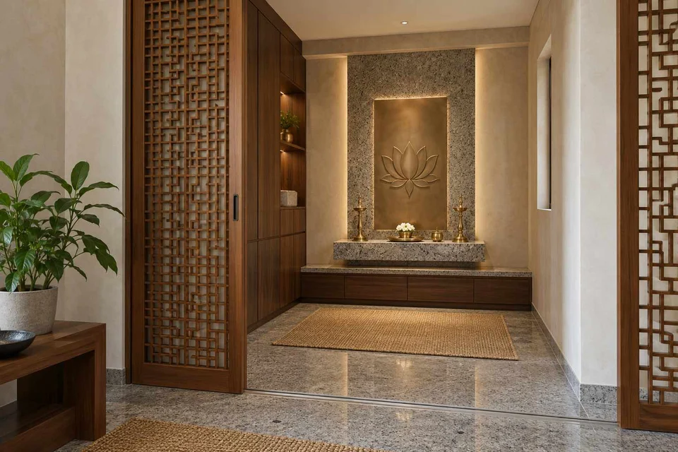 AI-generated puja room design concept: sliding-screen prayer room, granite precision direction