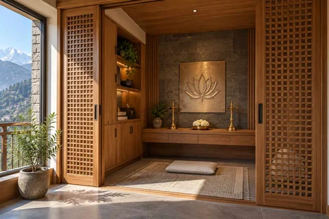 AI-generated puja room design concept: sliding-screen prayer room, hill timber direction