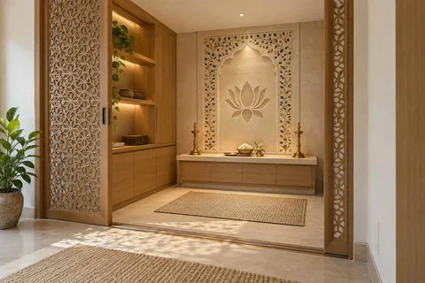 AI-generated puja room design concept: sliding-screen prayer room, inlay atelier direction