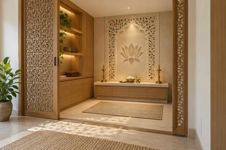 AI-generated puja room design concept: sliding-screen prayer room, inlay atelier direction