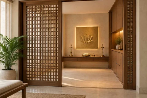 AI-generated puja room design concept: sliding-screen prayer room, lime and walnut direction