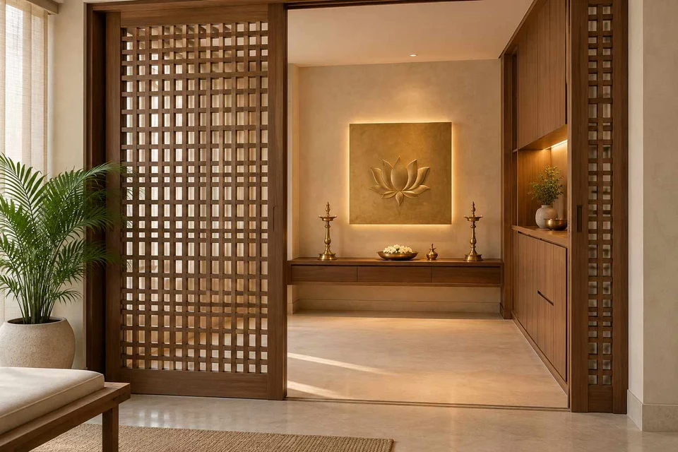 AI-generated puja room design concept: sliding-screen prayer room, lime and walnut direction