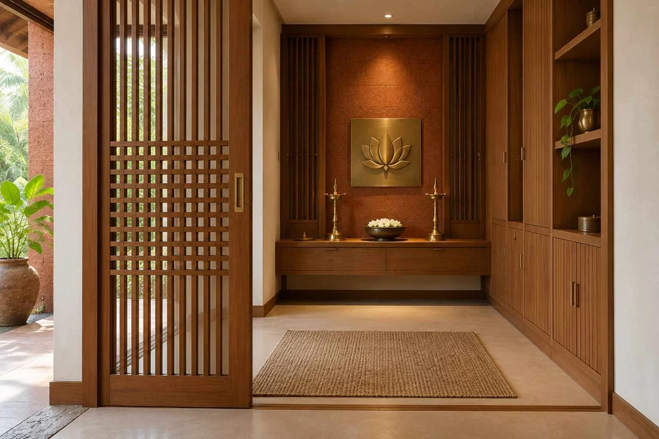 AI-generated puja room design concept: sliding-screen prayer room, malabar timber direction