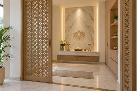 AI-generated puja room design concept: sliding-screen prayer room, marble restraint direction