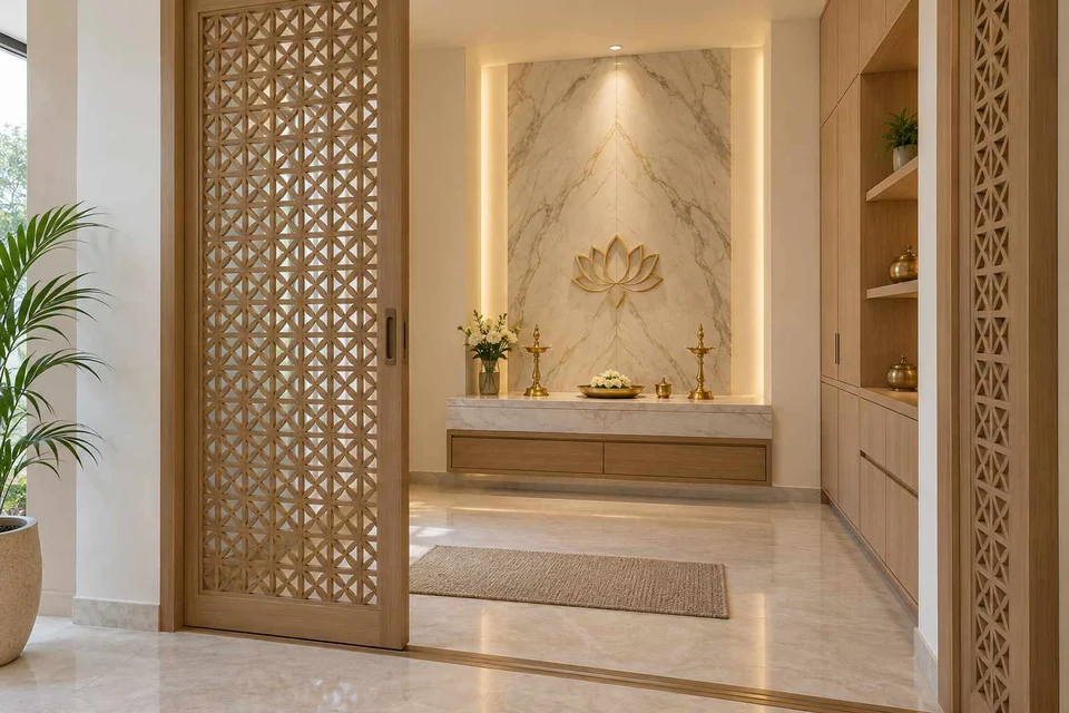 AI-generated puja room design concept: sliding-screen prayer room, marble restraint direction