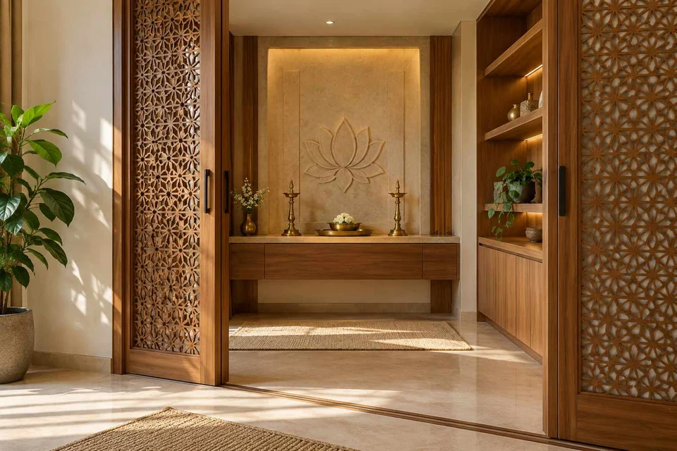 AI-generated puja room design concept: sliding-screen prayer room, modern carved direction