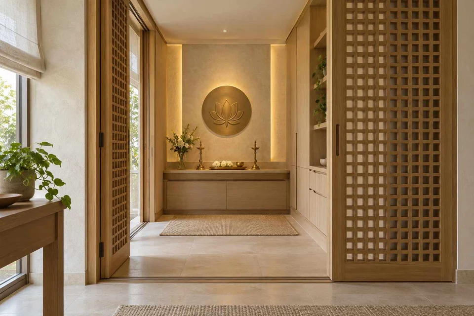 AI-generated puja room design concept: sliding-screen prayer room, quiet contemporary direction