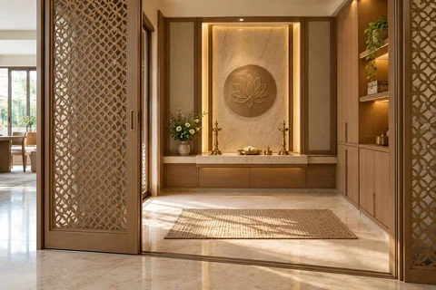 AI-generated puja room design concept: sliding-screen prayer room, quiet transitional direction