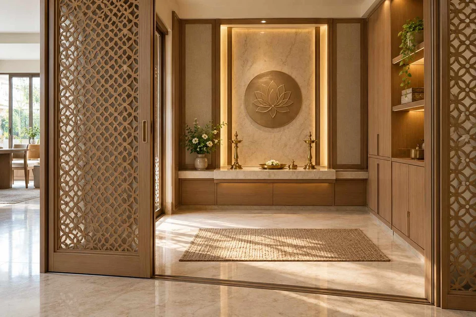 AI-generated puja room design concept: sliding-screen prayer room, quiet transitional direction