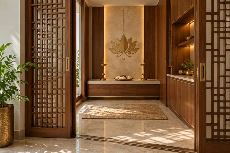 AI-generated puja room design concept: sliding-screen prayer room, rosewood brass direction