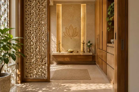 AI-generated puja room design concept: sliding-screen prayer room, sandstone lattice direction
