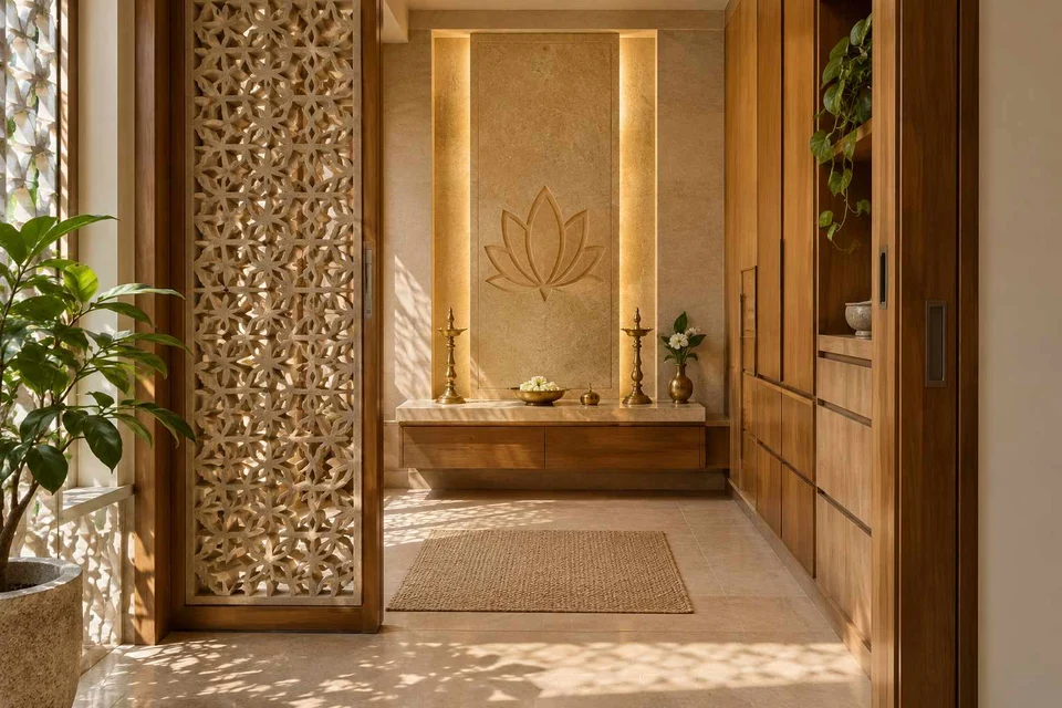 AI-generated puja room design concept: sliding-screen prayer room, sandstone lattice direction