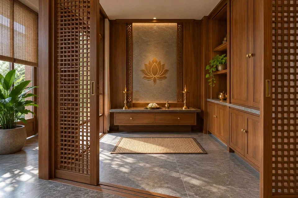 AI-generated puja room design concept: sliding-screen prayer room, teak craft direction