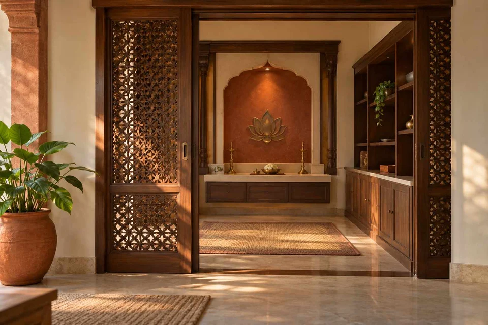 AI-generated puja room design concept: sliding-screen prayer room, terracotta heritage direction