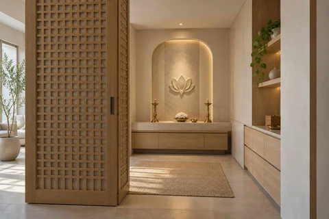 AI-generated puja room design concept: sliding-screen prayer room, textured mineral direction