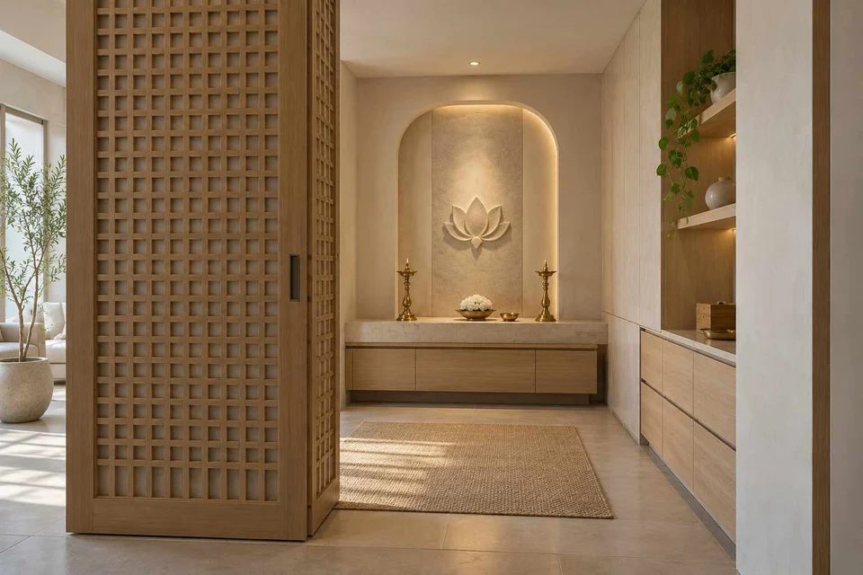 AI-generated puja room design concept: sliding-screen prayer room, textured mineral direction