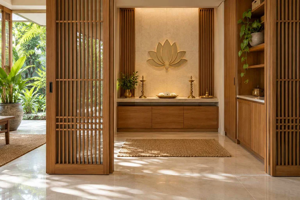 AI-generated puja room design concept: sliding-screen prayer room, tropical slatted direction
