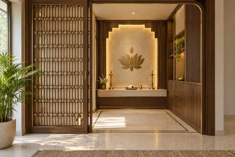 AI-generated puja room design concept: sliding-screen prayer room, urban deco direction