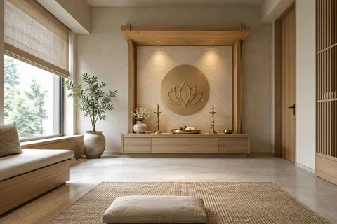 AI-generated puja room design concept: timber canopy shrine room, ash and linen direction