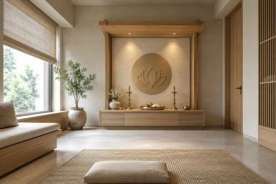 AI-generated puja room design concept: timber canopy shrine room, ash and linen direction