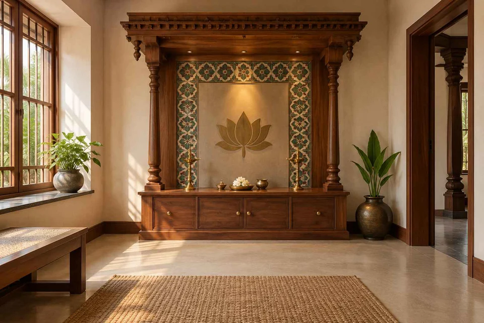 AI-generated puja room design concept: timber canopy shrine room, chettinad tile direction