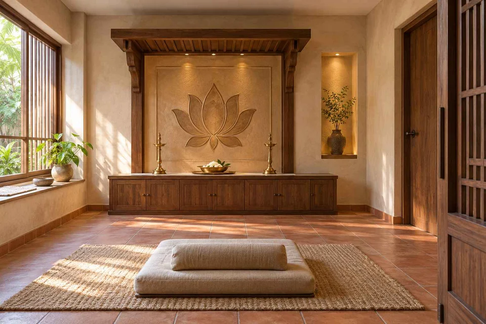 AI-generated puja room design concept: timber canopy shrine room, clay artisan direction
