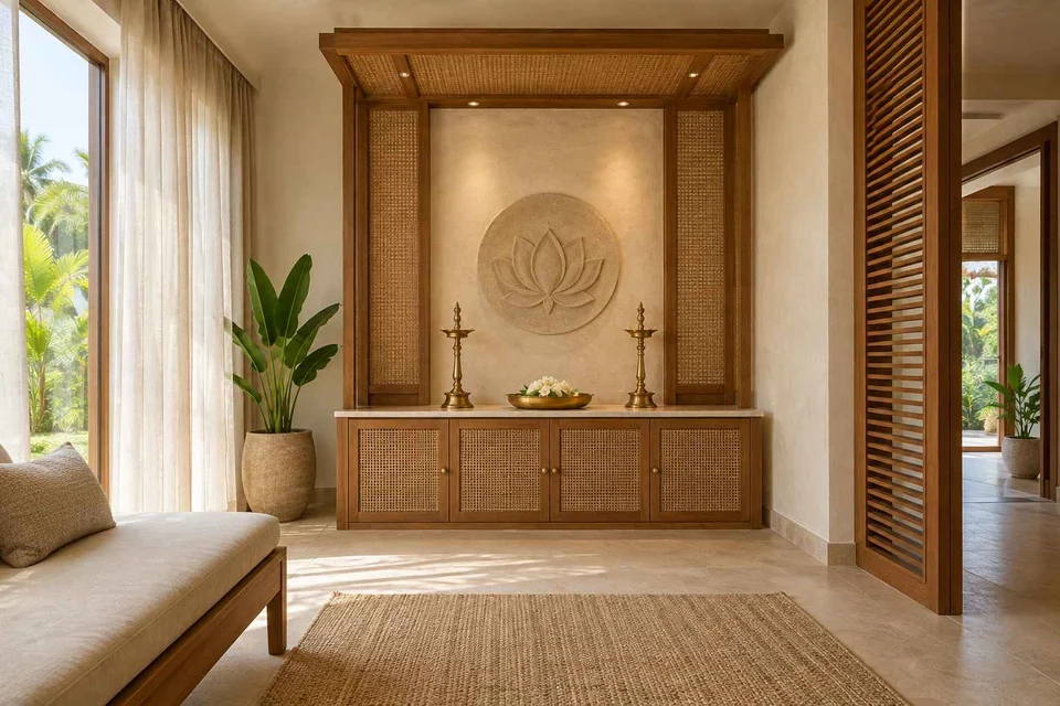 AI-generated puja room design concept: timber canopy shrine room, coastal woven direction
