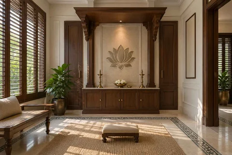 AI-generated puja room design concept: timber canopy shrine room, colonial quiet direction