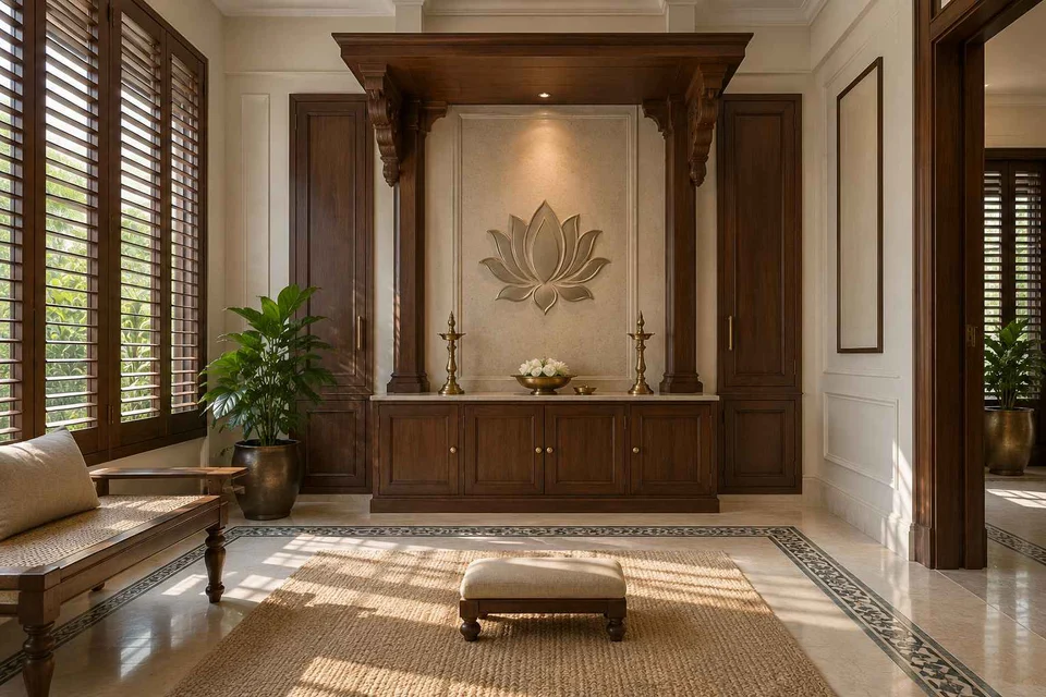 AI-generated puja room design concept: timber canopy shrine room, colonial quiet direction