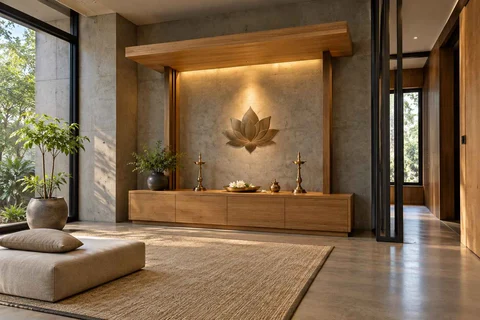 AI-generated puja room design concept: timber canopy shrine room, concrete and oak direction