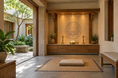 AI-generated puja room design concept: timber canopy shrine room, courtyard modern direction