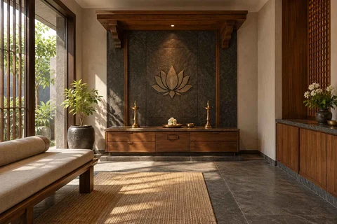 AI-generated puja room design concept: timber canopy shrine room, deccan stone direction