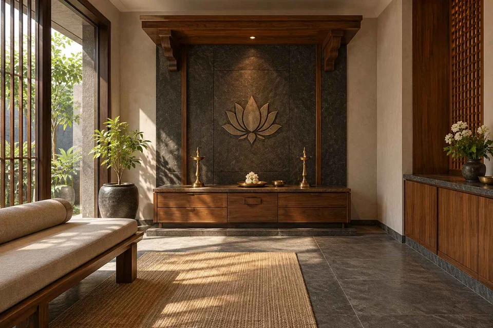 AI-generated puja room design concept: timber canopy shrine room, deccan stone direction