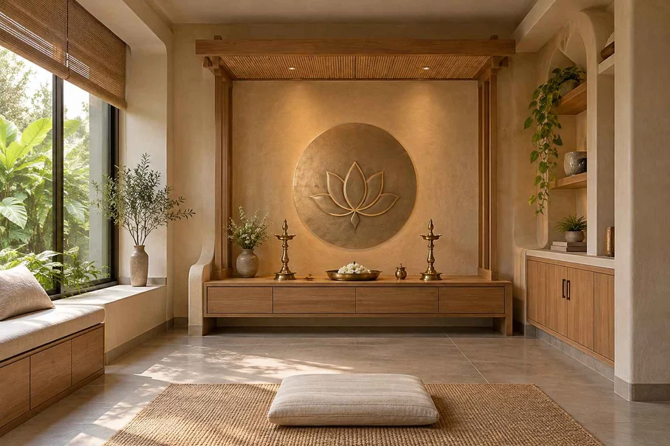 AI-generated puja room design concept: timber canopy shrine room, earth and bamboo direction