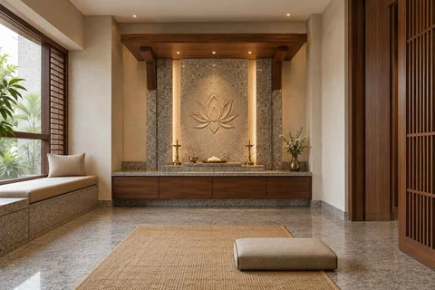 AI-generated puja room design concept: timber canopy shrine room, granite precision direction