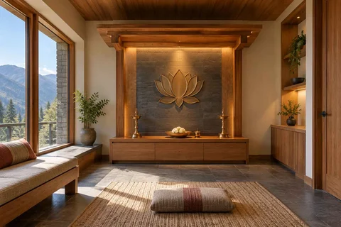 AI-generated puja room design concept: timber canopy shrine room, hill timber direction