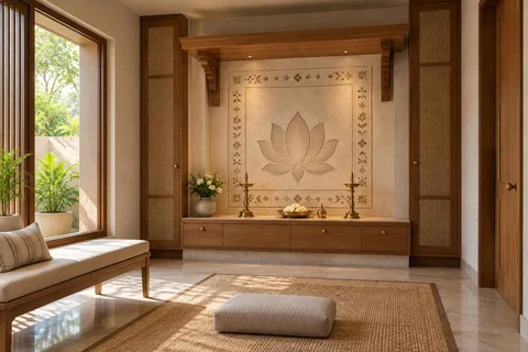 AI-generated puja room design concept: timber canopy shrine room, inlay atelier direction