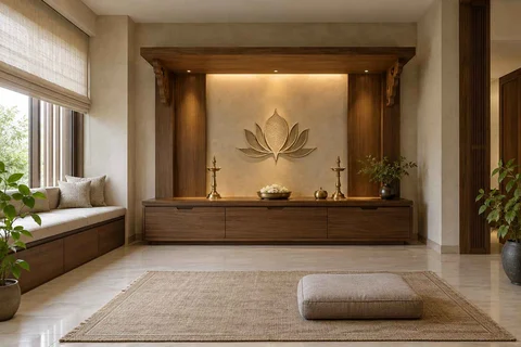 AI-generated puja room design concept: timber canopy shrine room, lime and walnut direction