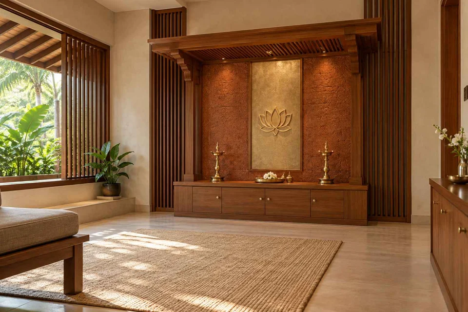 AI-generated puja room design concept: timber canopy shrine room, malabar timber direction