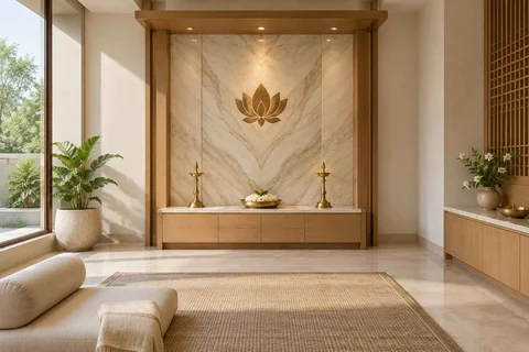 AI-generated puja room design concept: timber canopy shrine room, marble restraint direction