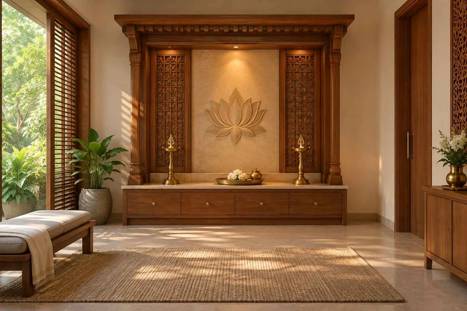 AI-generated puja room design concept: timber canopy shrine room, modern carved direction