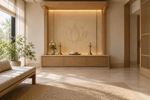 AI-generated puja room design concept: timber canopy shrine room, quiet contemporary direction