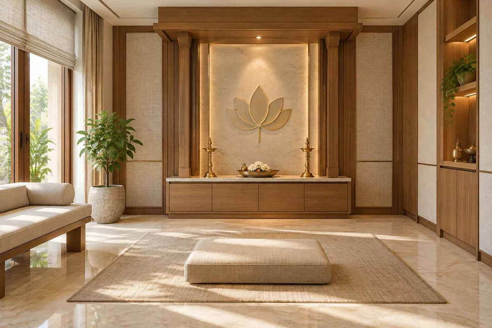 AI-generated puja room design concept: timber canopy shrine room, quiet transitional direction