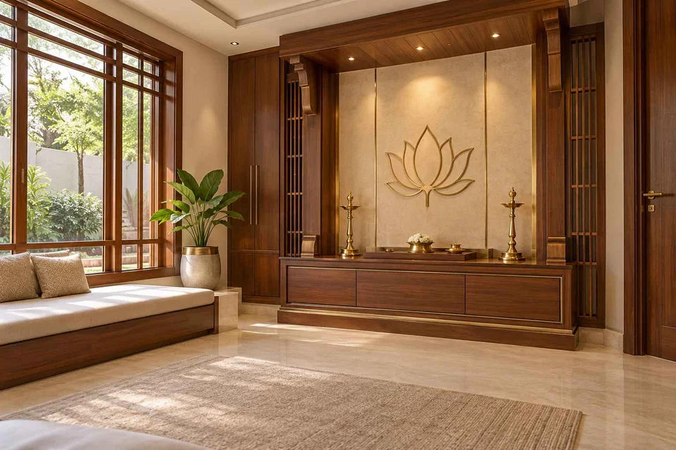 AI-generated puja room design concept: timber canopy shrine room, rosewood brass direction