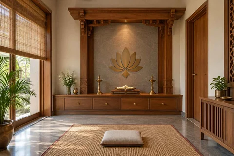 AI-generated puja room design concept: timber canopy shrine room, teak craft direction