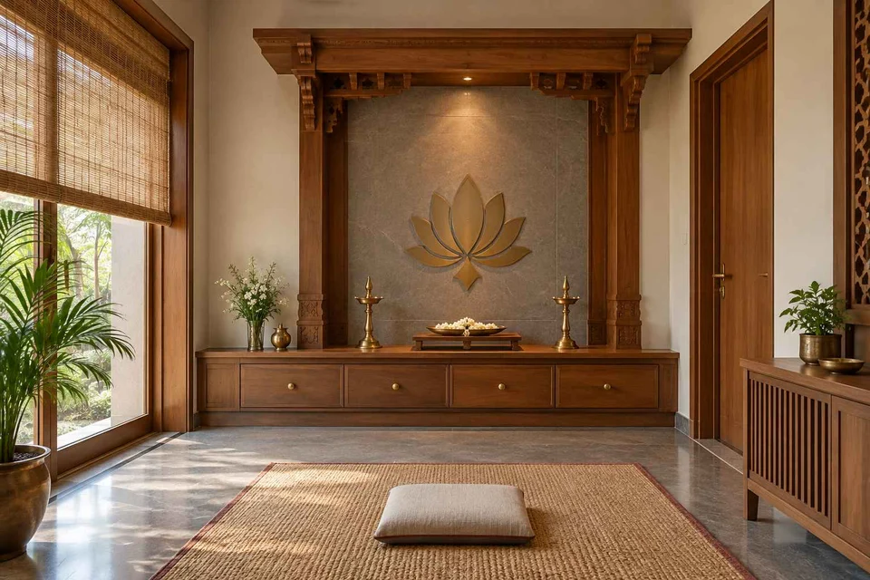 AI-generated puja room design concept: timber canopy shrine room, teak craft direction