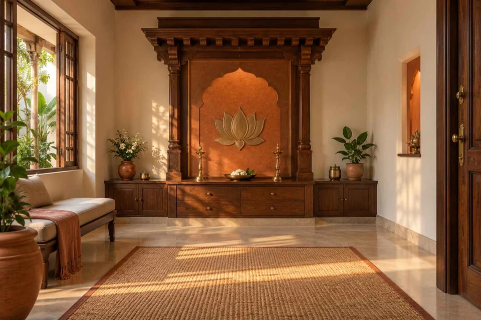 AI-generated puja room design concept: timber canopy shrine room, terracotta heritage direction