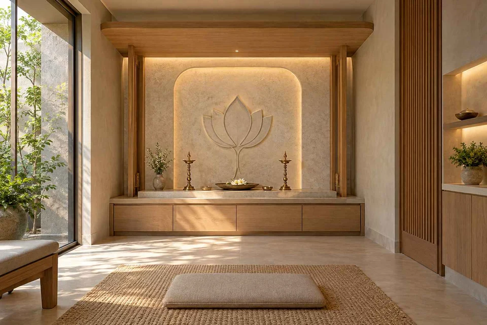 AI-generated puja room design concept: timber canopy shrine room, textured mineral direction