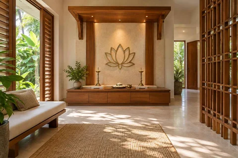 AI-generated puja room design concept: timber canopy shrine room, tropical slatted direction