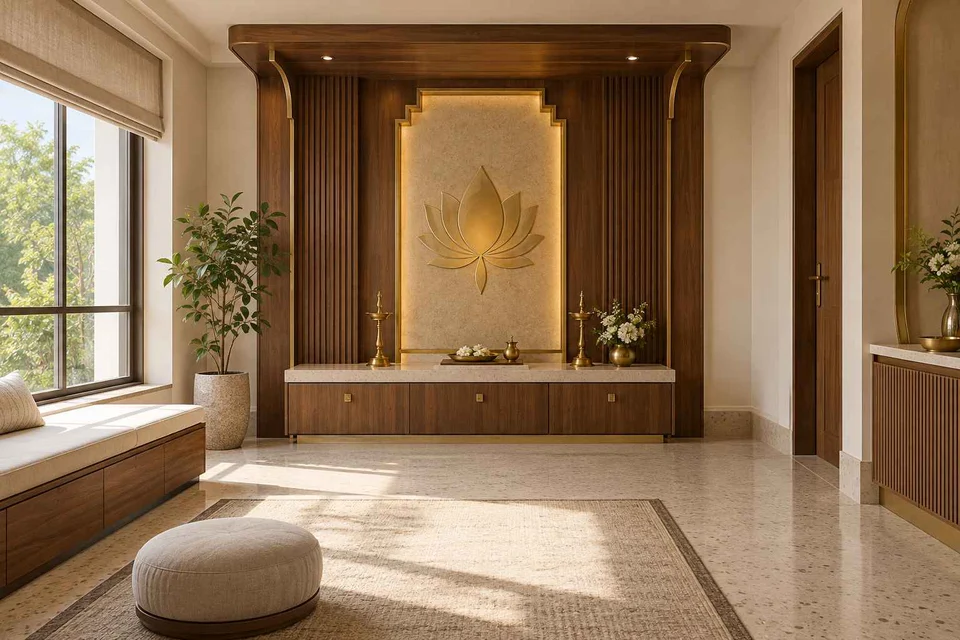 AI-generated puja room design concept: timber canopy shrine room, urban deco direction
